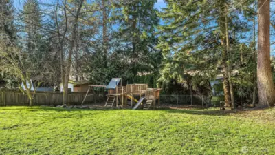 Huge fully-fenced backyard with playset and plenty of room for imagination!