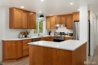 Quartz counters and large island create an ideal surface for cooking and baking!