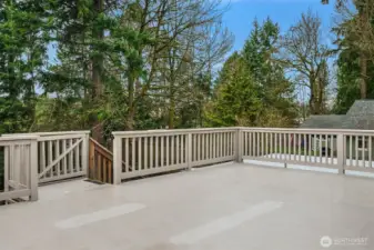 Huge deck off the kitchen is enclosed and offers stairs down to the yard. Excellent spot to play or dine al-fresco.