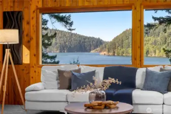 Deception Pass and lovely ocean views framed by mature evergreen trees.