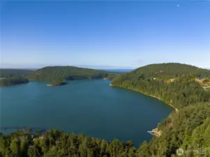 Aerial photo of bay in front of house.