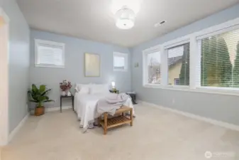 The main floor primary suite is so spacious and comfortable. Plenty of room for a king-size bed plus nightstands and a dresser and seating area.