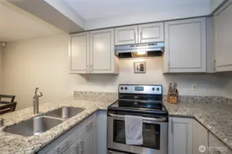 Stunning solid granite countertops add elegance and durability to the kitchen.