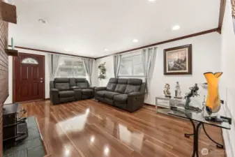 Living Room with Woodstove & Brazilian Fruitwood Floors