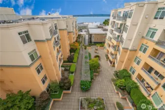 Drone View, not from Unit, looking West over Courtyard and Lake Washington