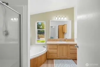 Spacious five-piece primary bathroom featuring soaking tub, separate shower, and ample storage.