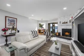 Cozy wood burning fireplace.