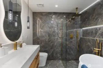 Additional full size bathroom upstairs with 72inch bathtub and heated floors