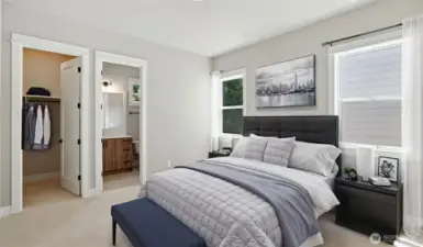 Main Level Guest Bedroom Suite, complete with a 3/4 Bath, is ideal for multi-generational living arrangement, or extended-stay guests. Virtually staged.