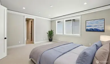 Primary Suite is spacious enough to accommodate your bedroom set and then some! Virtually staged.