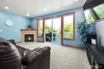 The Family Room overlooks the beautiful backyard & features a corner gas fireplace.