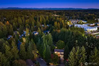A breathtaking twilight aerial captures the perfect blend of privacy and community—nestled among evergreens with the Cascade Mountains in the distance. This serene neighborhood setting showcases the home’s prime location and beautifully illuminated presence surrounded by lush PNW forest. A rare combination of natural tranquility and convenience, just moments from local amenities and commuter routes. ??????