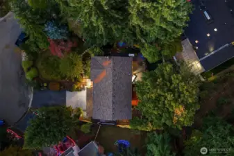 Aerial view reveals the home’s private, tree-lined setting, BRAND NEW ROOF and expansive deck space. Thoughtfully landscaped property offers serenity and connection to nature in every direction.