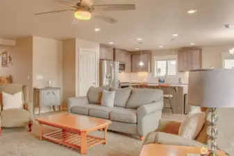 KITCHEN FROM MAIN ROOM: Left to Right — Entry Hall, Pantry, Kitchen, Dining Area (Behind Lamp)