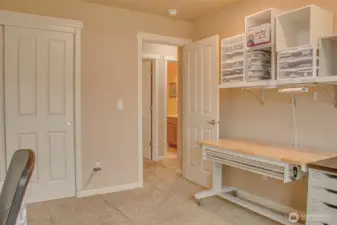 THIRD BEDROOM (from Windows): Left to Right — Closet and Bedroom Door to Hall; 2nd Bathroom Visible Through Door; Carpeted Flooring