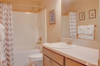 HALL BATHROOM (from Door): Bathtub/Shower, Single Sink with Generous Counter Space, Large Wall Mirror, Vinyl Flooring