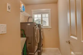 LAUNDRY ROOM (from Door): Opposite Hall Bathroom, Deep Sink, North-Facing Street-View Window with 2" Horizontal Vinyl Blinds; Plenty of Space for Large Front-Loading Washer and Dryer, Vinyl Flooring