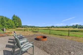Patio area with fire pit on S side of garage.
