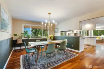 Some recent improvements to the home include updated light fixtures, and the removal of wallpaper in the dining room to allow for this new color scheme.