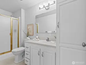 The ensuite 3/4 bath is a nice size.