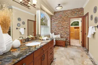 Dual vanities on opposite ends of bathroom