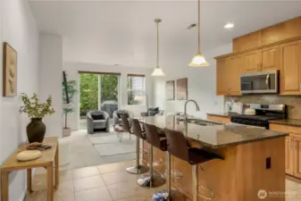 Open concept floorplan and tiled kitchen