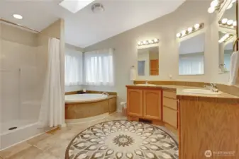 Fully equipped! Double sinks, bathtub, and stand up shower.