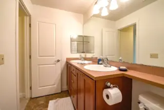 Nice sized bathroom with dual sinks. Mirror has been replaced since pictures taken.