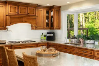 A stunning, remodeled Gourmet Kitchen with a large granite island/eating bar & stunning custom cabinets, stainless steel Dacor & Meile appliances including a 5-burner gas cooktop with a pot filler, under-cabinet lighting, planning desk space, dove-tailed wood, quiet-close drawers, subway tile backsplash, and a garden window overlooking the back yard.
