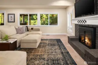 The kitchen opens to the spacious eating nook adjacent to the comfortable, sunken family room with a beautiful gas fireplace framed by large windows with plantation shutters and features built-in surround sound speakers.