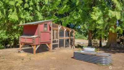 The chicken coop is a recent addition, built just a year or two ago and ready for your backyard flock. And the raised garden bed? It’s already got a tomato plant growing - your first harvest is officially underway.