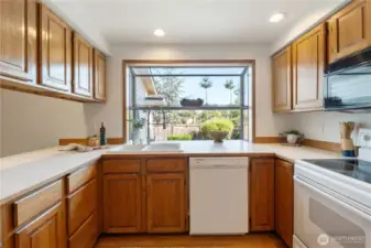 Kitchen with garden window overlooking garden space and enterainment area.