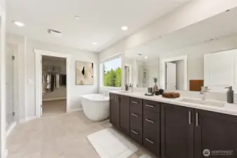Primary bath with spacious walk-in closet. Virtually staged, showing similar plan.