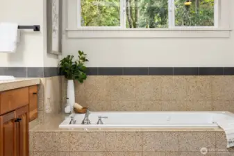Primary bath soaking tub designed for relaxation with natural light and spa-like feel.