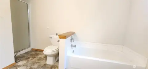 5 piece master ensuite view of soaking tub and free standing shower