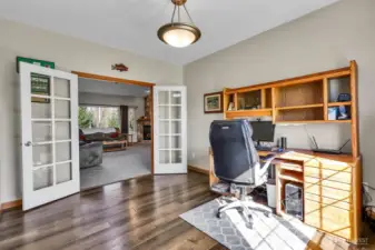 french doors to office with view from window