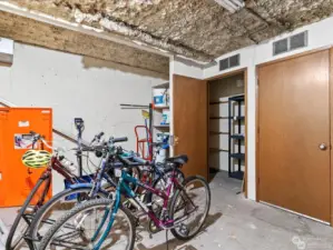 Storage closet in storage room in garage and bike storage by lottery each year.