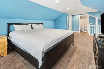 Large primary bedroom easily fits a king sized bed.