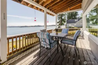 Large deck with a built in gas BBQ. Spectacular view all the way to Mt. Rainier on clear days of course!