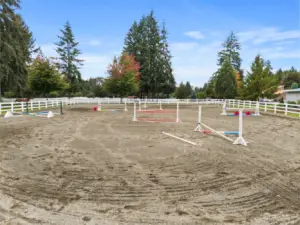 Outdoor hunter/jumper course expertly designed with high-quality sand footing, ensuring optimal performance and safety for year-round use. Enclosed by durable vinyl fencing, the course offers both a professional and aesthetically pleasing environment.