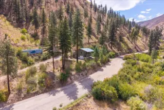 Aerial view. Cabin sits right off Mills Canyon Road.