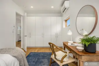 Deep built-in storage allows for bedroom or office use while the updated mini-split system keeps temps cozy in the winter and cool in the summer.