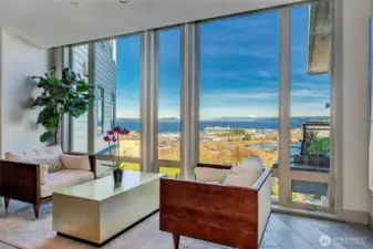 Sitting area in the lobby with breathtaking views of Mt. Baker, Sound and Ferry.