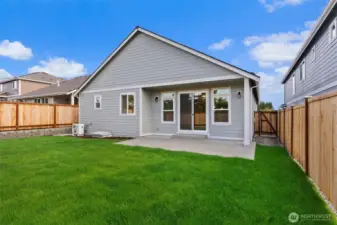 Fully landscaped backyard with privacy fencing, patio and easy access to front yard through side gate