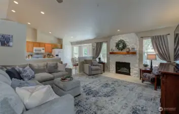 Spacious living room with gas fireplace