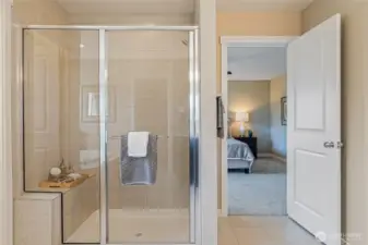 Primary shower with bench seat.