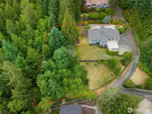 Property lines are outlined in this aerial image, giving a clear view of the lot size and layout. Surrounded by trees and located on a quiet street, this home is a true retreat.