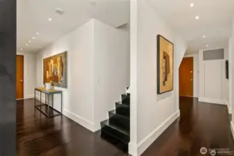 stairs to roof deck kitchen and skylounge