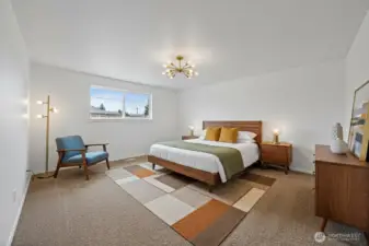 this Lower level virtually staged bedroom has a walk in closet