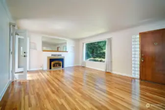 Large living room with gas fireplace.